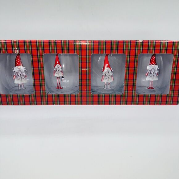 NEW 4 Stemless 5" Glass Set Elf Gnome Gronk Red Stars Hearts Wine Glasses Cups - Picture 1 of 8